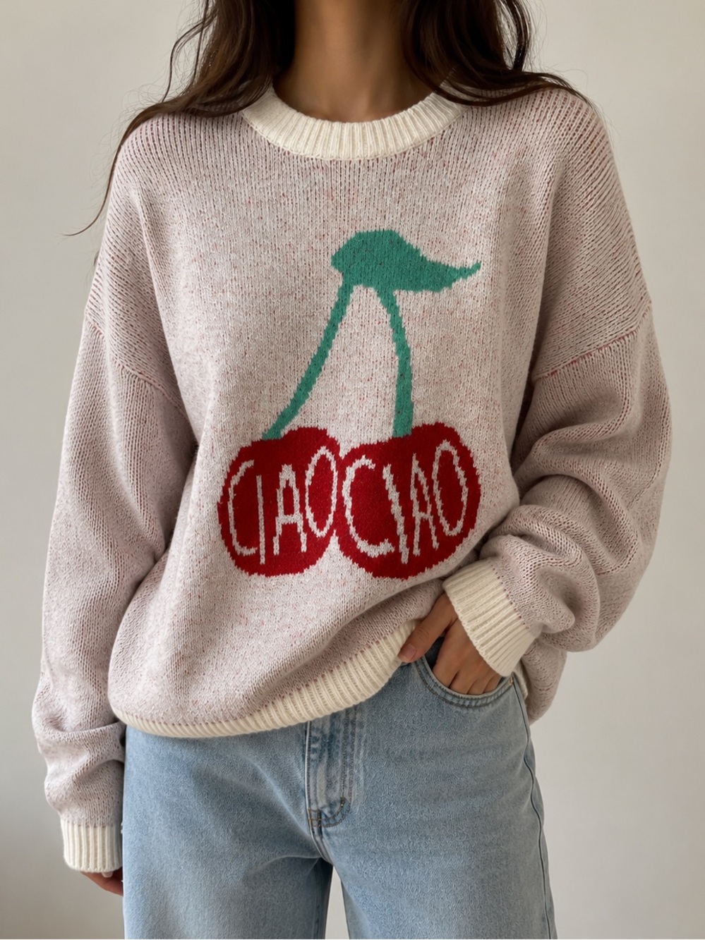 NWOT Ciao Cherry Graphic Knit Sweater Cream Pink Speckled Cozy Pullover